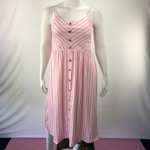Loose Long Extra Large Button Front Sleeveless Pink Stripe Dress - Picture 1 of 8